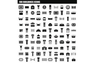 100 buildings icon set, simple style