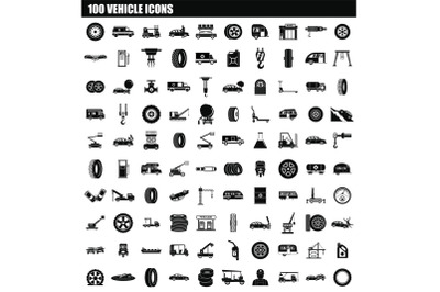 100 vehicle icon set, simple style