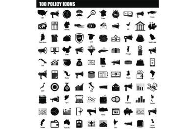 100 policy icon set, simple style