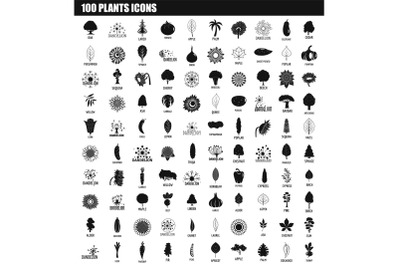 100 plants icon set, simple style