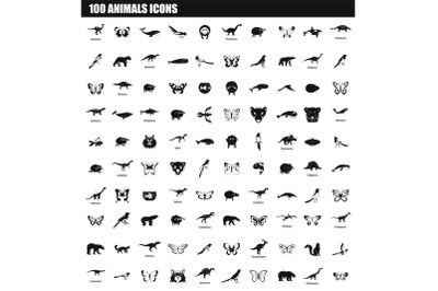 100 animals icon set, simple style