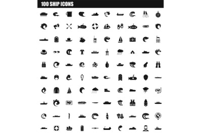 100 ship icon set, simple style