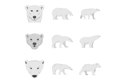 Polar bear baby white icons set, flat style