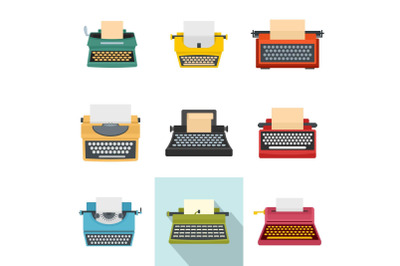 Typewriter machine keys old icons set, flat style