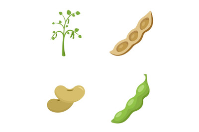Soybean soy beans seed icons set flat style