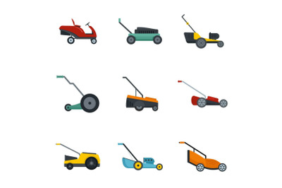 Lawnmower grass garden icons set, flat style