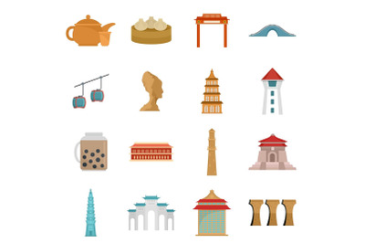 Taipei taiwan city skyline icons set, flat style