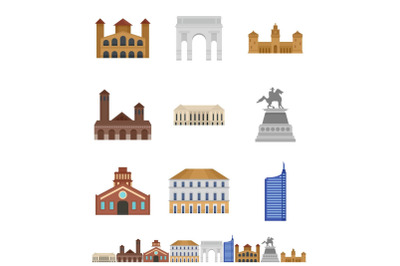 Milan Italy city skyline icons set, flat style