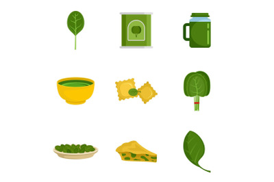 Spinach leaves vegetables icons set, flat style