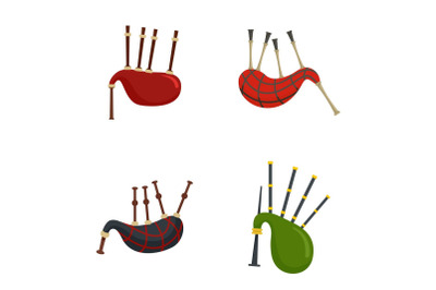 Bagpipes scotland scottish icons set, flat style