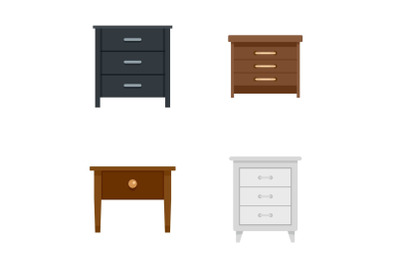 Nightstand bedside icons set flat style