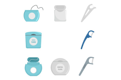 Floss dental brushing teeth icons set, flat style