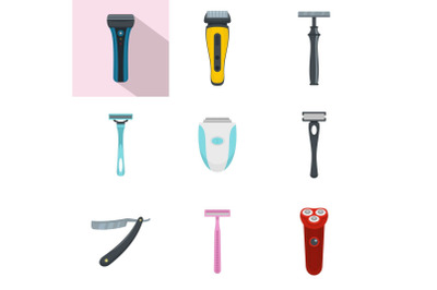 Shaver blade razor personal icons set, flat style