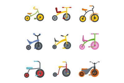 Tricycle bicycle bike wheel icons set, flat style