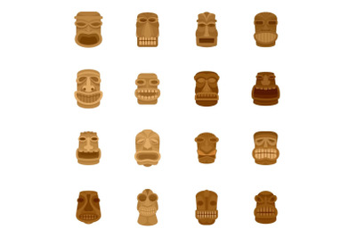 Tiki idol aztec hawaii face icons set, flat style