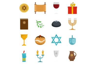 Chanukah jewish holiday icons set, flat style