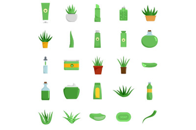 Aloe vera plant logo icons set, flat style