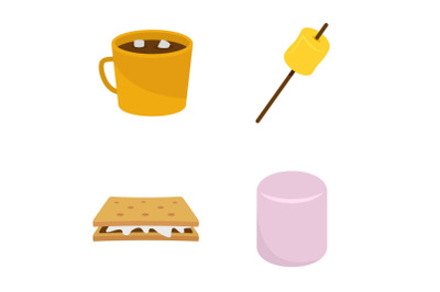 Marshmallow smores candy icons set flat style