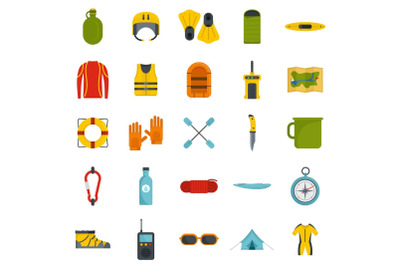 Rafting kayak water canoe icons set, flat style