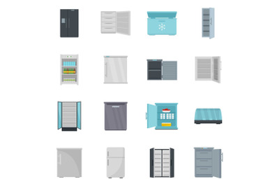 Freezer fridge frozen ice icons set, flat style