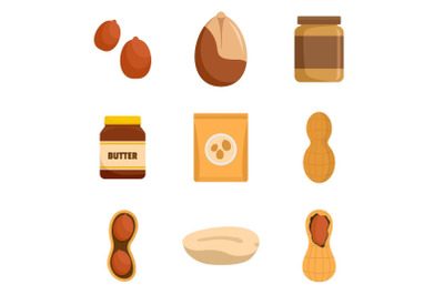 Peanut nuts butter jar icons set, flat style