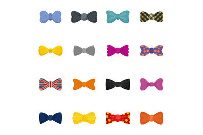 Bowtie ribbon man tuxedo icons set, flat style