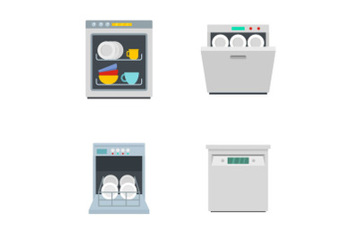 Dishwasher machine kitchen icons set flat style