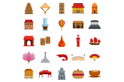 Vietnam travel tourism icons set flat style