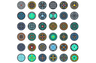 Crosshair target scope sight icons set, flat style