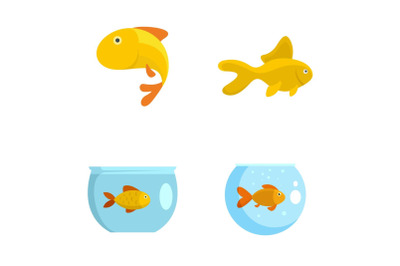 Goldfish and fishbowl icons set, flat style