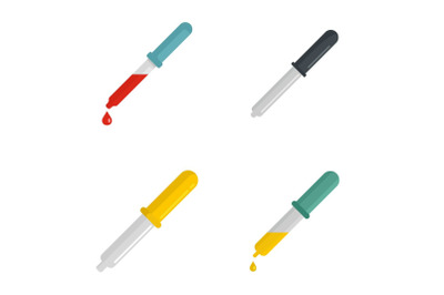 Pipette medical dropper tool icons set, flat style
