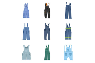 Overalls workwear icons set, flat style