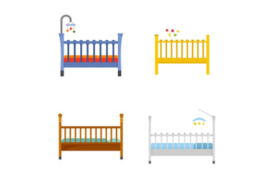 Baby crib cradle bed icons set, flat style