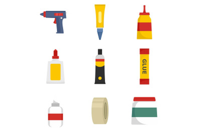 Glue stick adhesive icons set, flat style