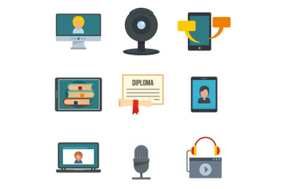 Webinar training online icons set, flat style