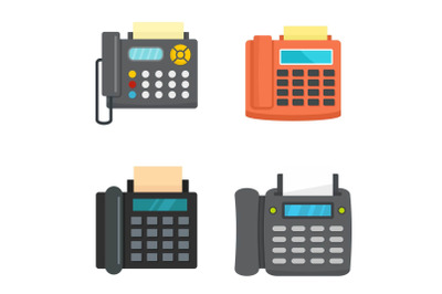 Fax machine telephone icons set, flat style