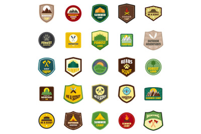 Scout badge emblem stamp icons set, flat style