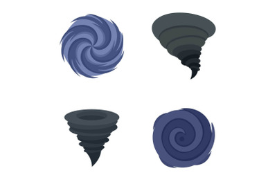 Hurricane storm damage icons set, flat style