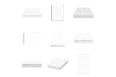 Mattress squab bedding icons set, flat style