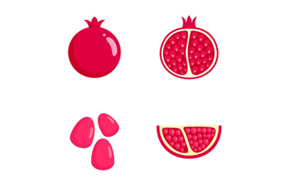 Pomegranate juice seeds icons set, flat style