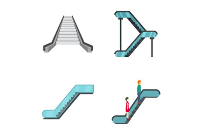 Escalator elevator icons set, flat style