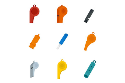 Whistle coaching blow icons set, flat style