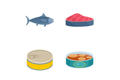 Tuna fish can steak icons set, flat style