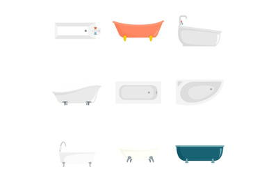 Bathtub interior icons set, flat style