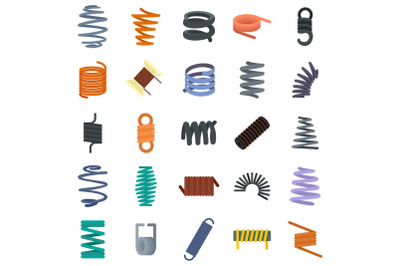 Coil spring cable icons set, flat style