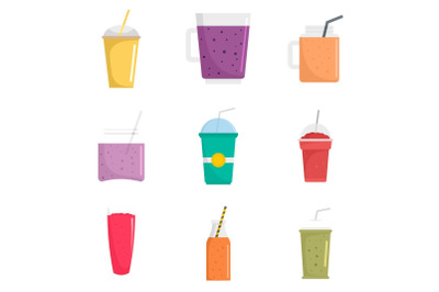 Smoothie fruit juice icons set, flat style