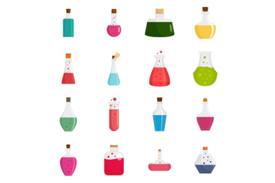 Potion magic bottle icons set, flat style