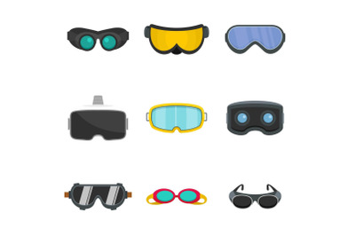 Goggles ski glass mask icons set, flat style