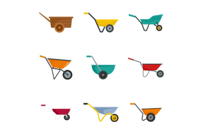 Wheelbarrow garden plant icons set, flat style