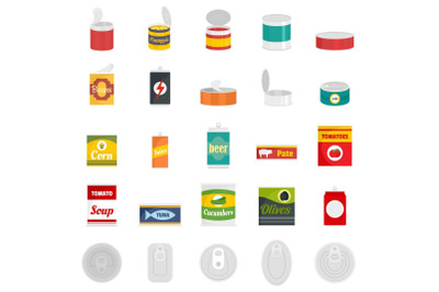 Tin can food package jar icons set, flat style